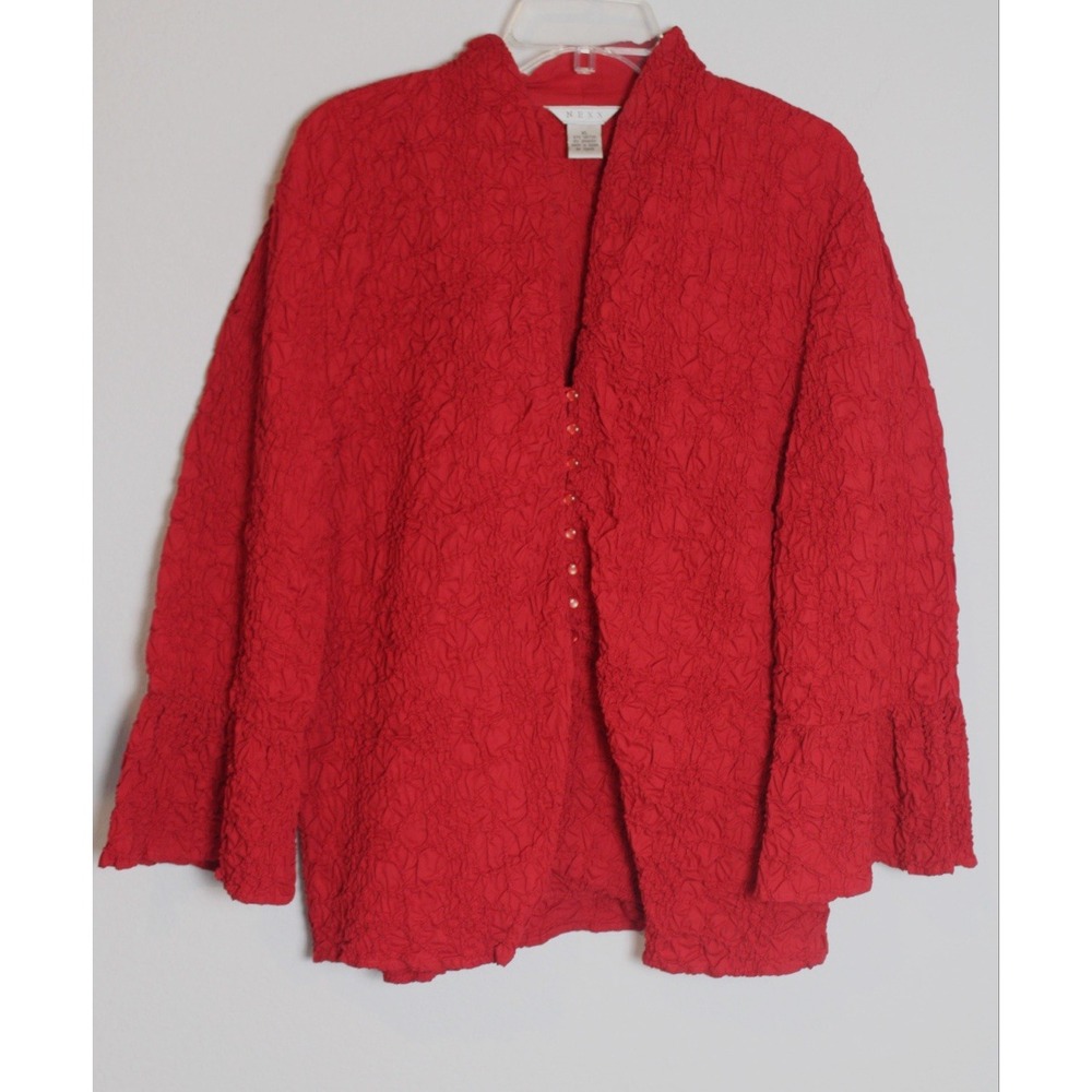 VTG Nexx Womens Blouse Jacket XL‎ Red Bell Sleeve 3/4 Buttons Textured